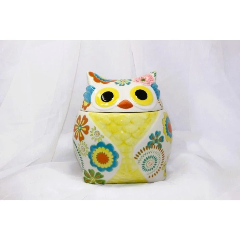 D/C'd Pier 1 Imports Owl Cookie Jar Hand Painted Stoneware 9.5